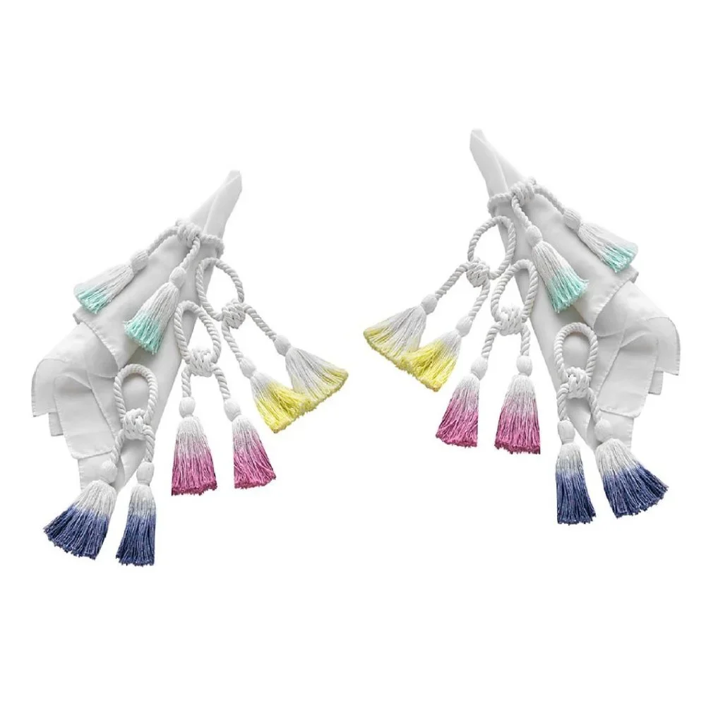 8 Wild Sage Colorful Ombre Rope Tassel Napkin Rings White Yellow Pink Blue Green